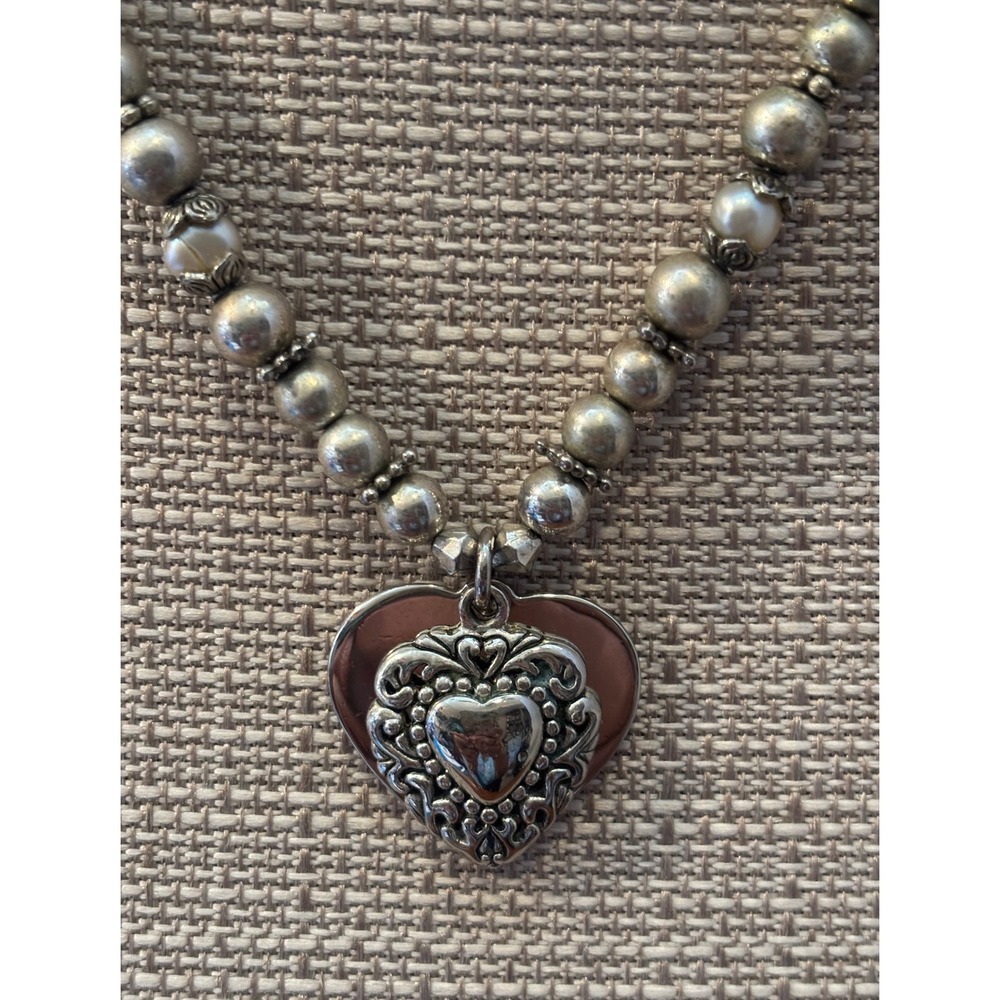 Silver Tone Beaded Filigree Heart Pendant Necklace Pearl Accents Vintage Style